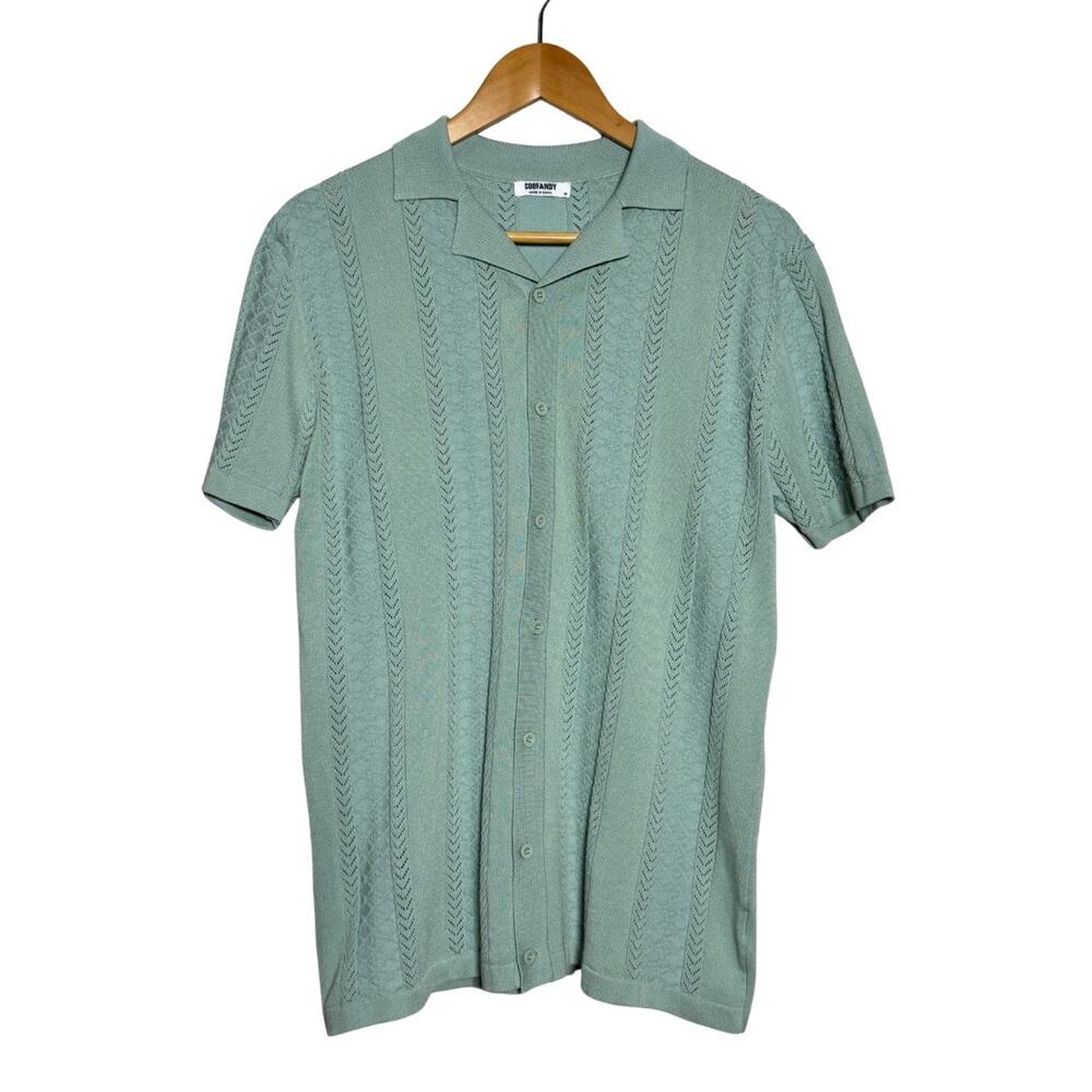 COOFANDY Sage Green Knit Button Down Shirt Men’s Medium Resort Polo